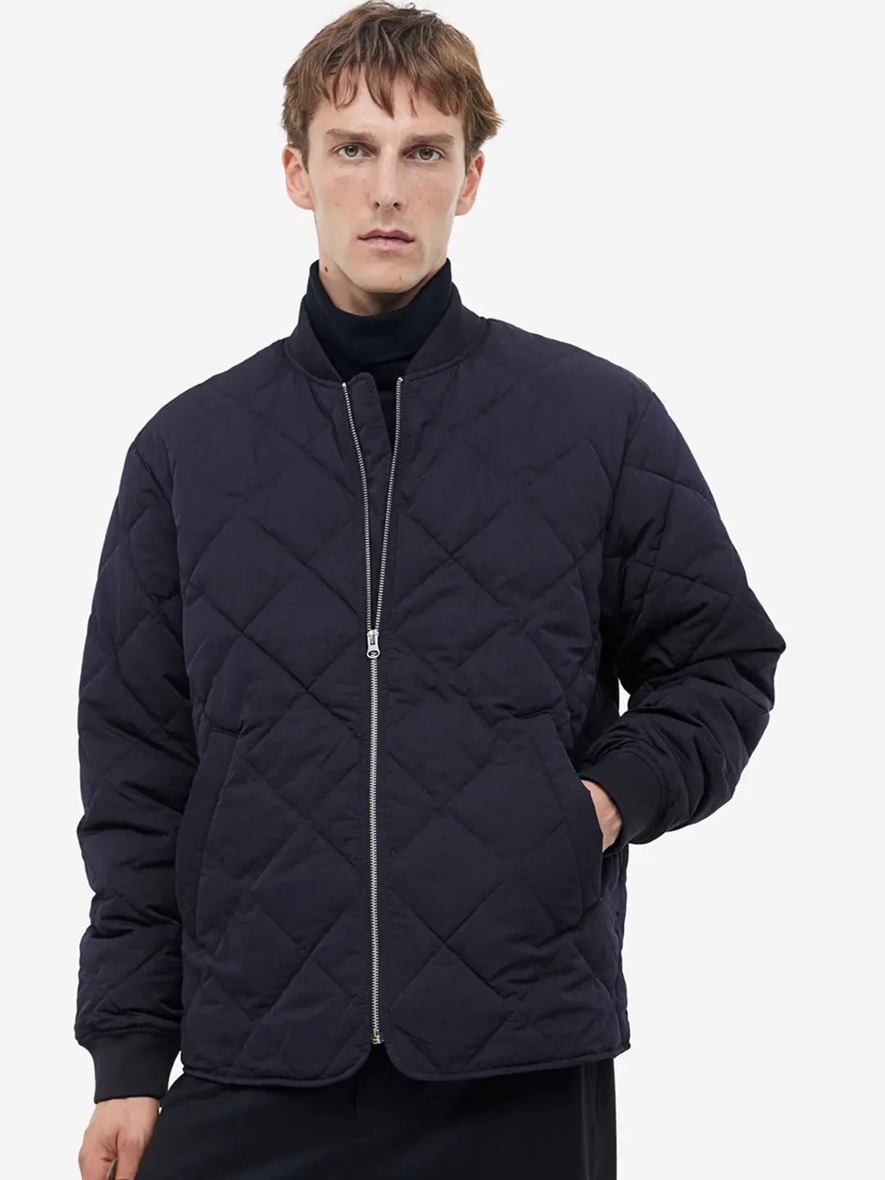 H&M Quilted Bomber Jacket in Navy NWOT Size L